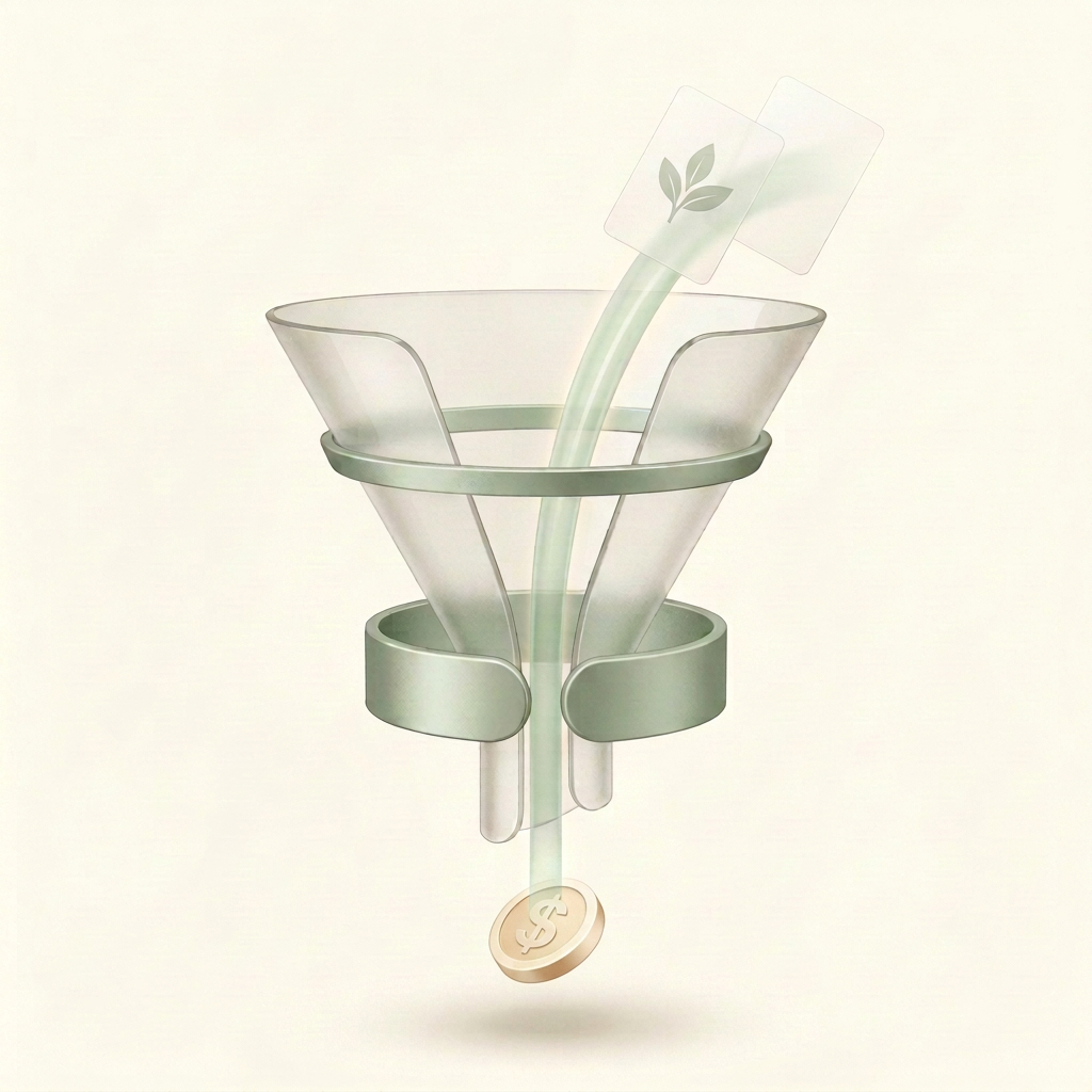 Sculptural automated funnel turning product cards into a finished result