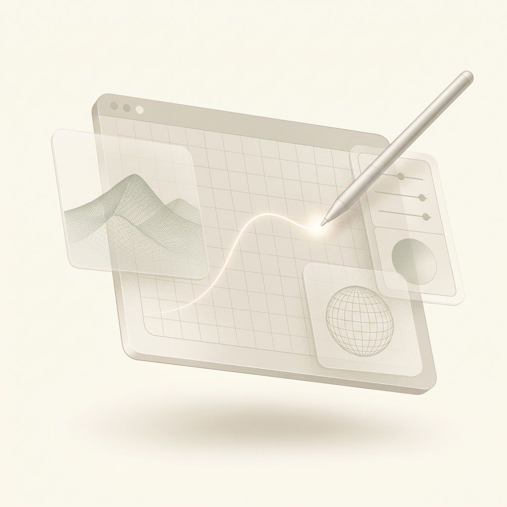 Floating software canvas with layered interface panels and a drawing stylus